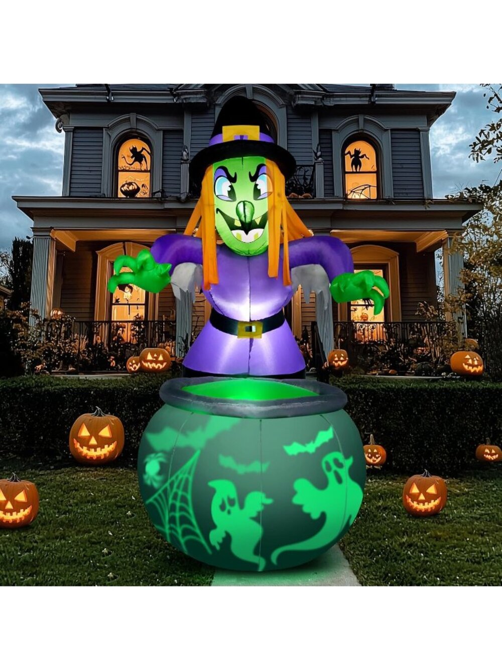 🎃 6 Ft Halloween Inflatable Witch and Cauldron Green Ghost Projecting Rotating
